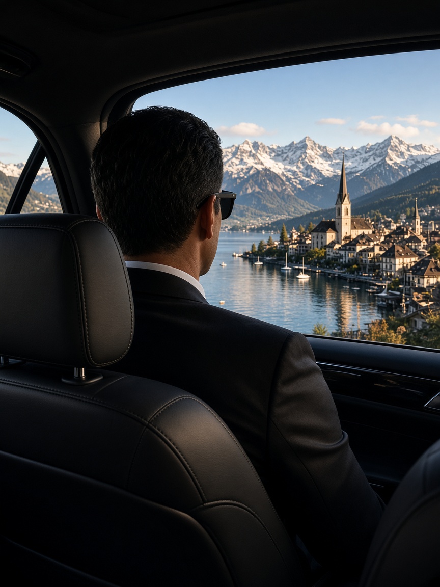 Chauffeur in a premium vehicle with the Swiss Alps beyond