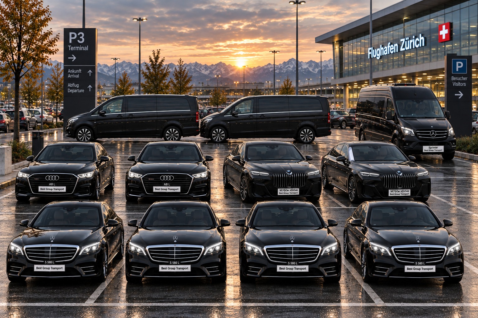 Die Premium-Flotte von Best Group Transport, aufgereiht am Flughafen Zürich